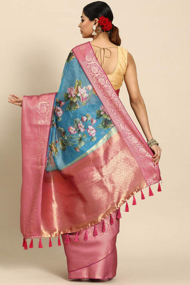 Turquoise Floral Printed Silk Saree