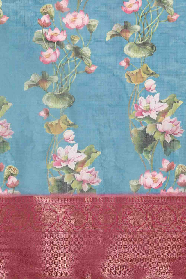 Turquoise Floral Printed Silk Saree