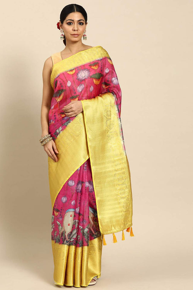 Pink Animal Printed Silk Saree