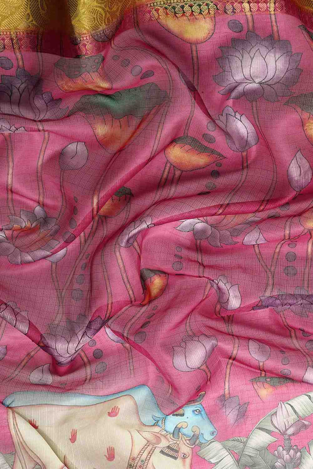 Pink Animal Printed Silk Saree
