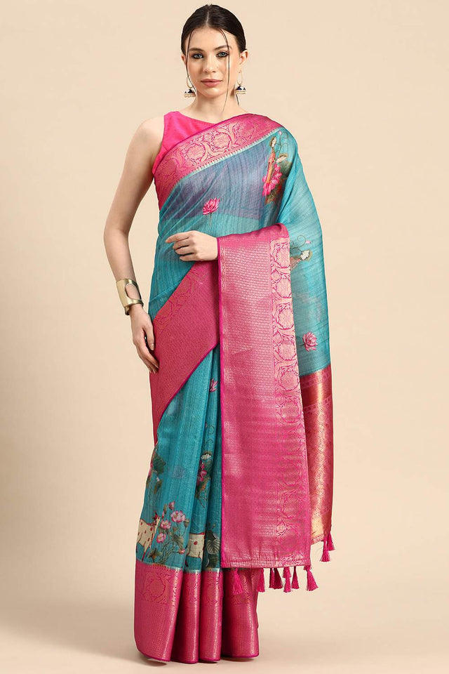 Turquoise Animal Printed Silk Saree