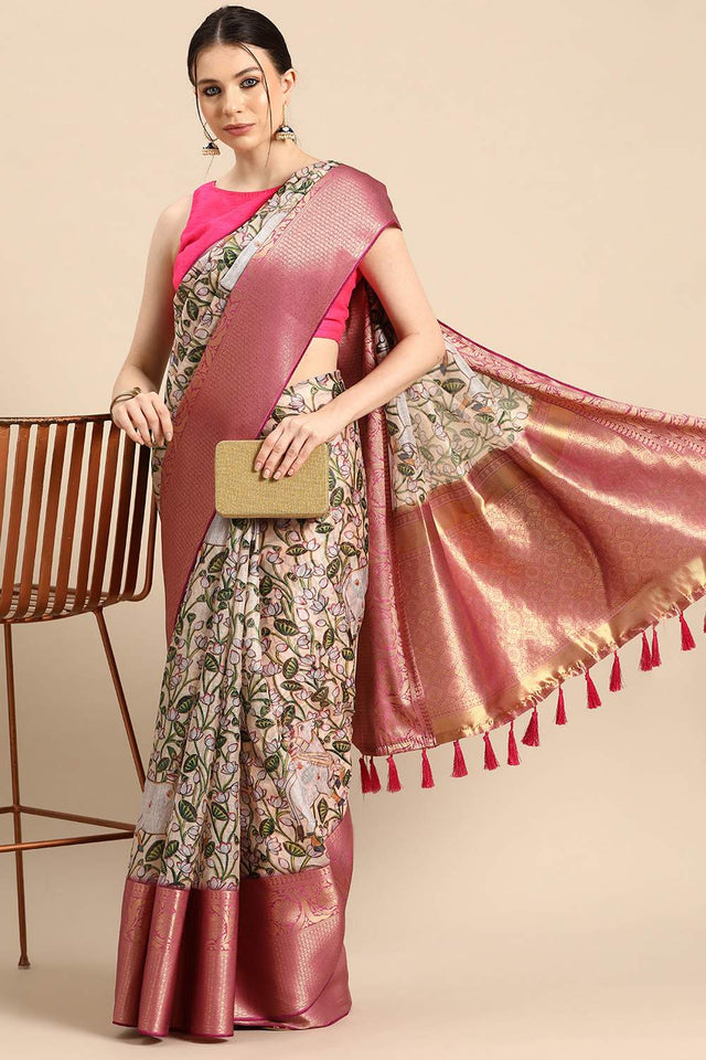 Beige Animal Printed Silk Saree