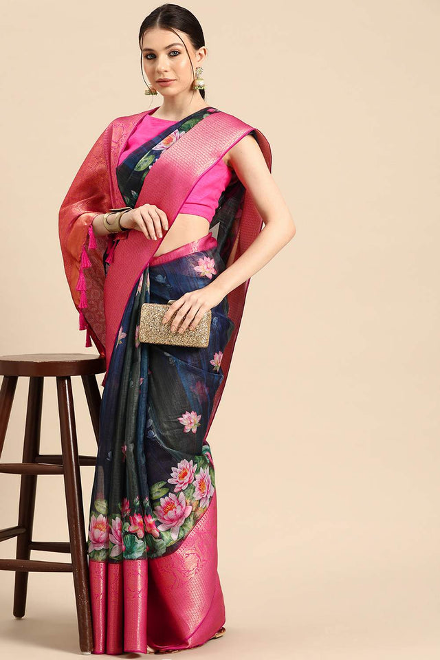 Navy Blue Floral Printed Silk Saree