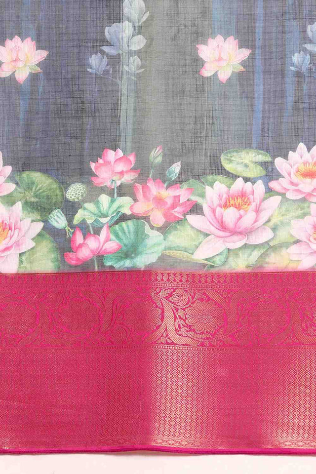 Navy Blue Floral Printed Silk Saree