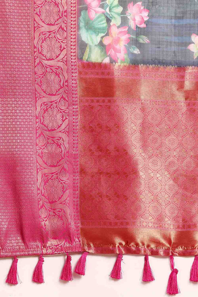 Navy Blue Floral Printed Silk Saree