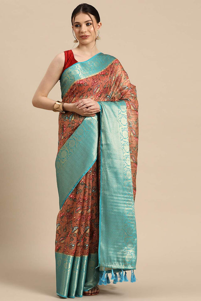 Orange Floral Printed Silk Saree