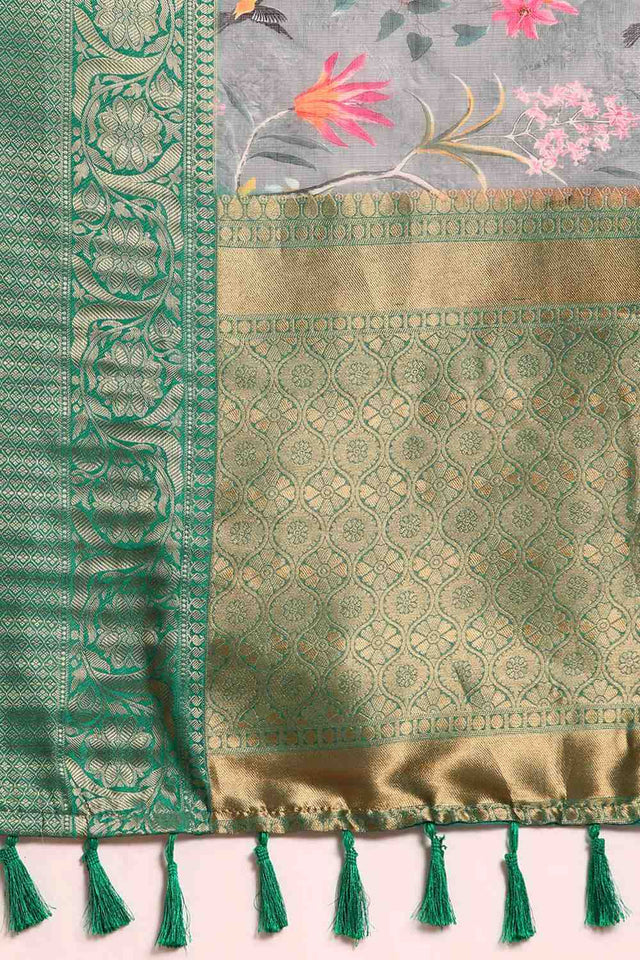 Grey Floral Printed Silk Saree