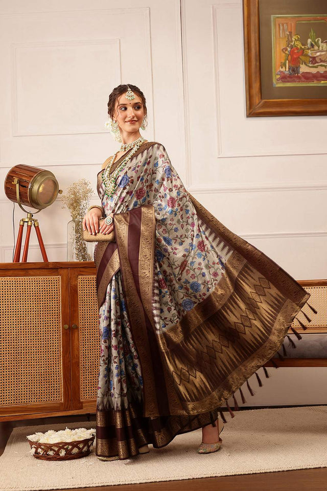 Beige Floral Printed Silk Saree