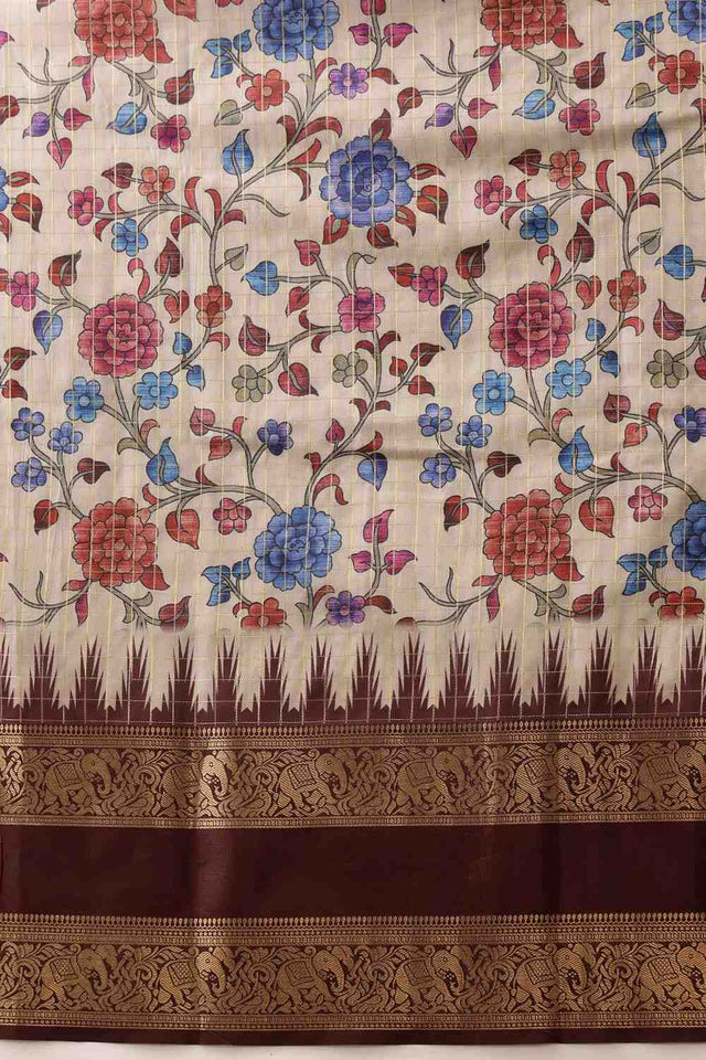 Beige Floral Printed Silk Saree