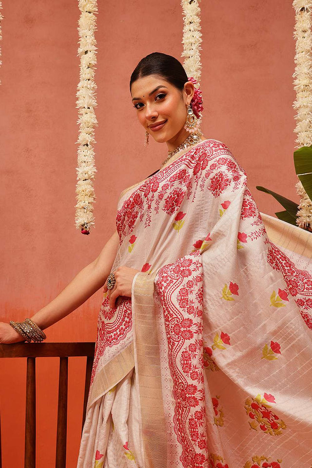 Beige Digital Printed Kotha Silk Saree