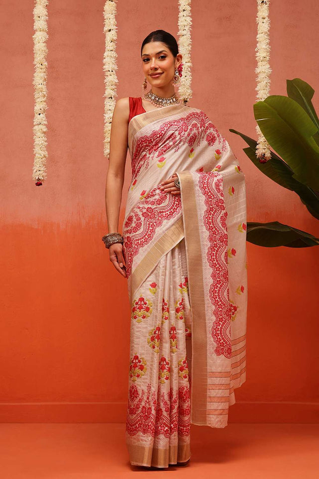 Beige Digital Printed Kotha Silk Saree