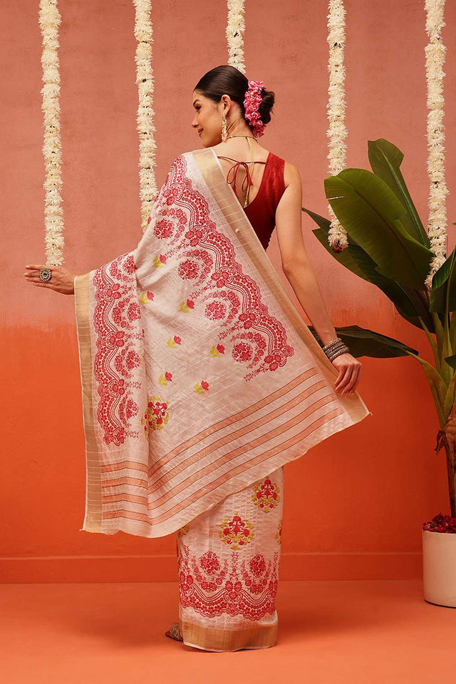 Beige Digital Printed Kotha Silk Saree