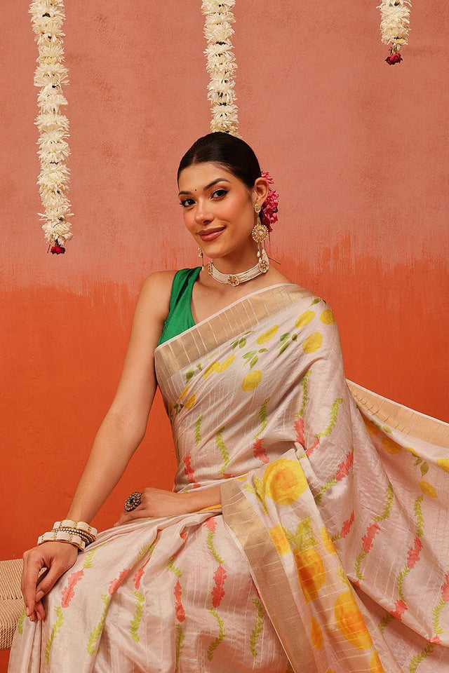 Beige Digital Printed Kotha Silk Saree
