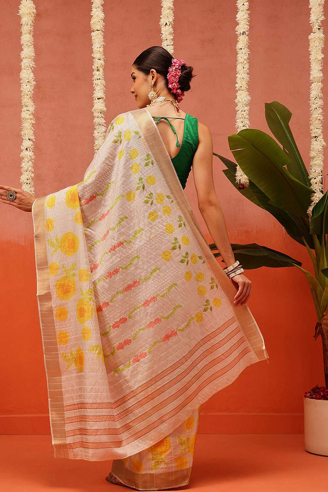 Beige Digital Printed Kotha Silk Saree