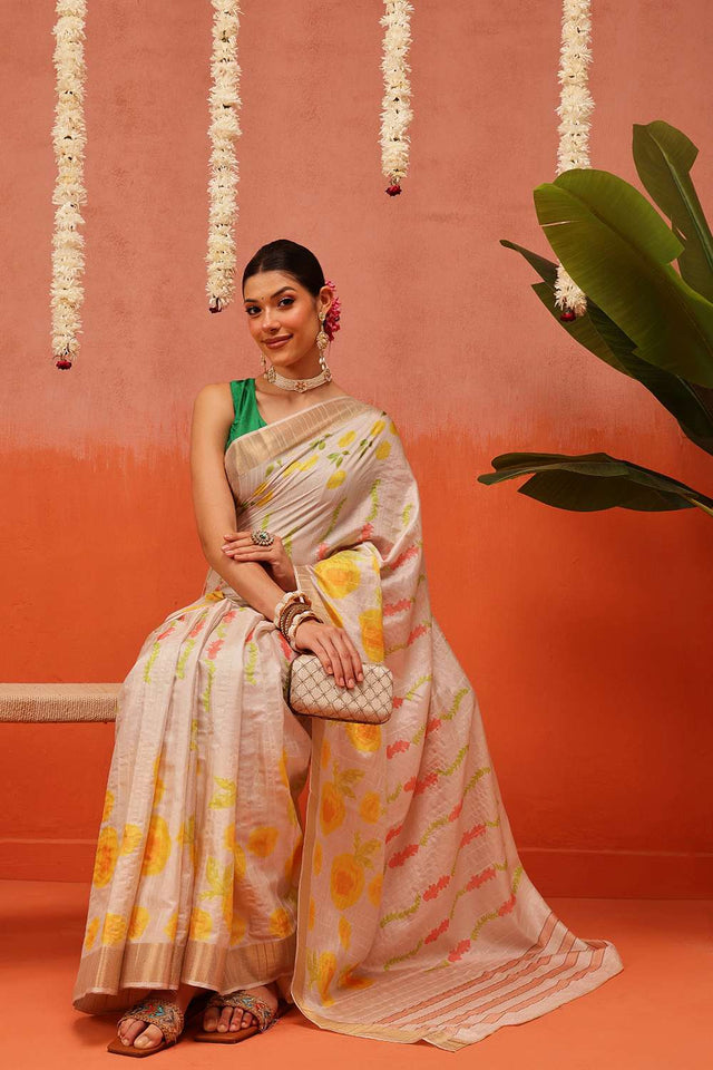 Beige Digital Printed Kotha Silk Saree