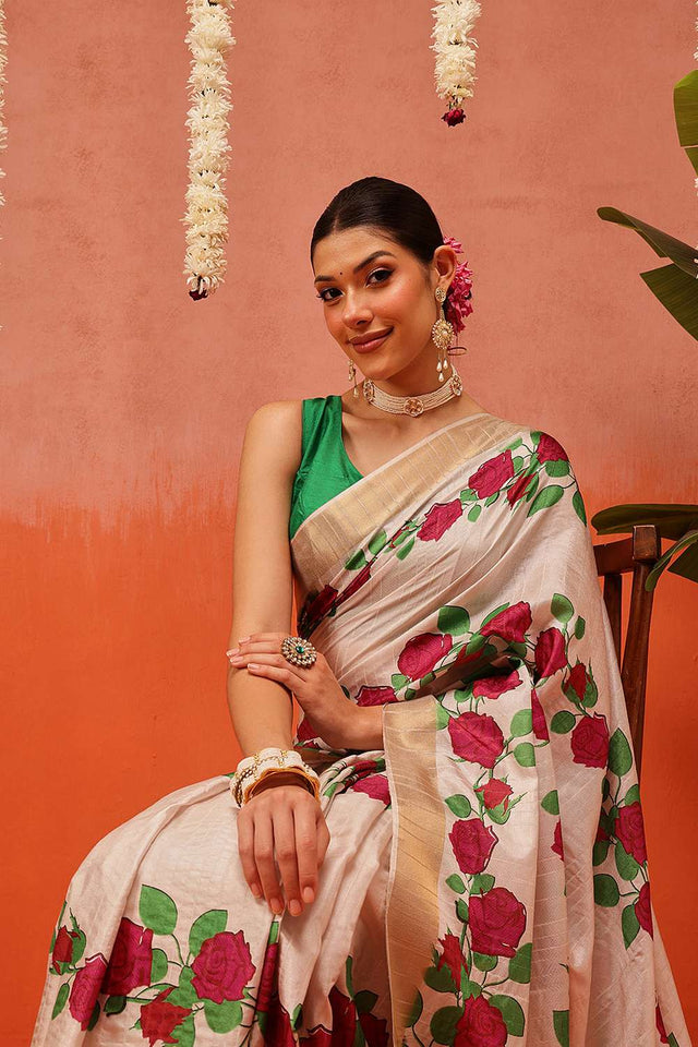 Beige Digital Printed Kotha Silk Saree