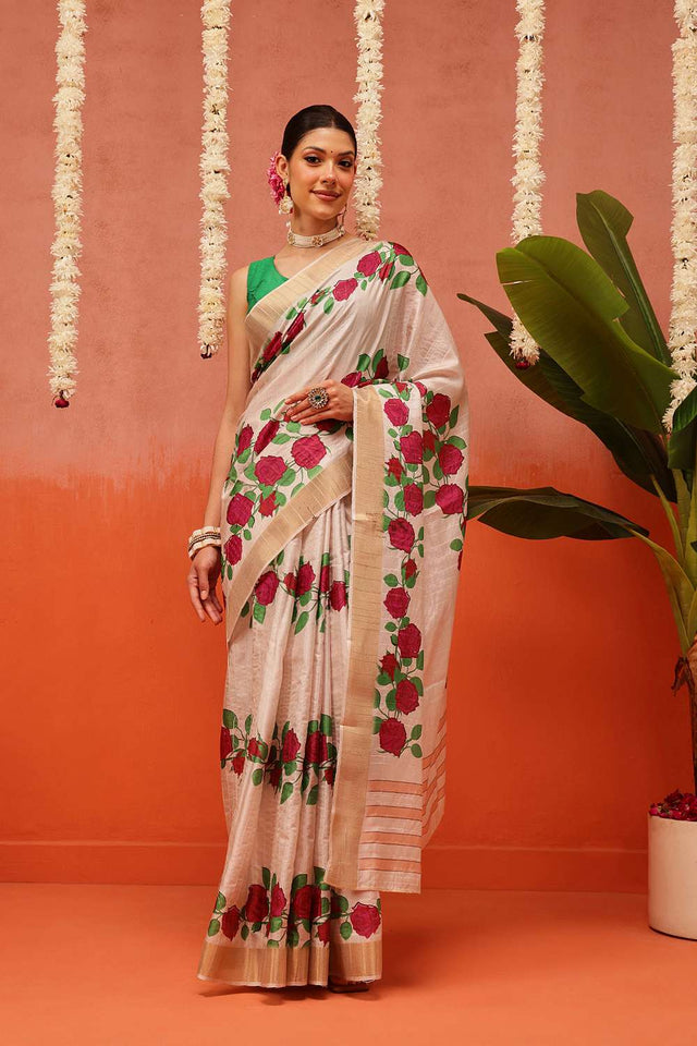 Beige Digital Printed Kotha Silk Saree