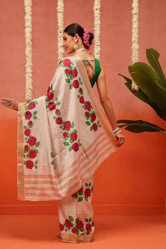 Beige Digital Printed Kotha Silk Saree