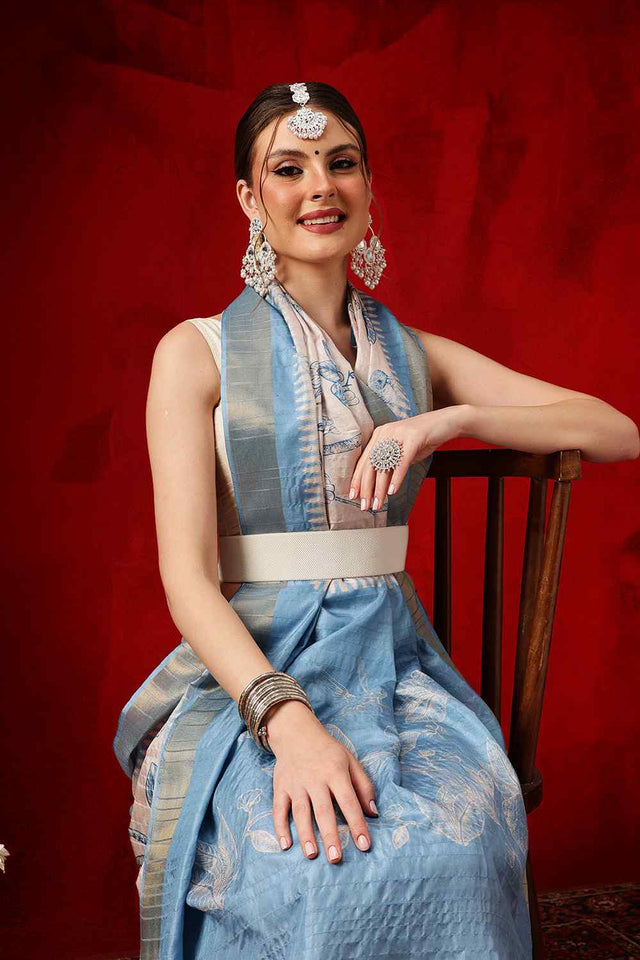 Blue Floral Printed Silk Saree