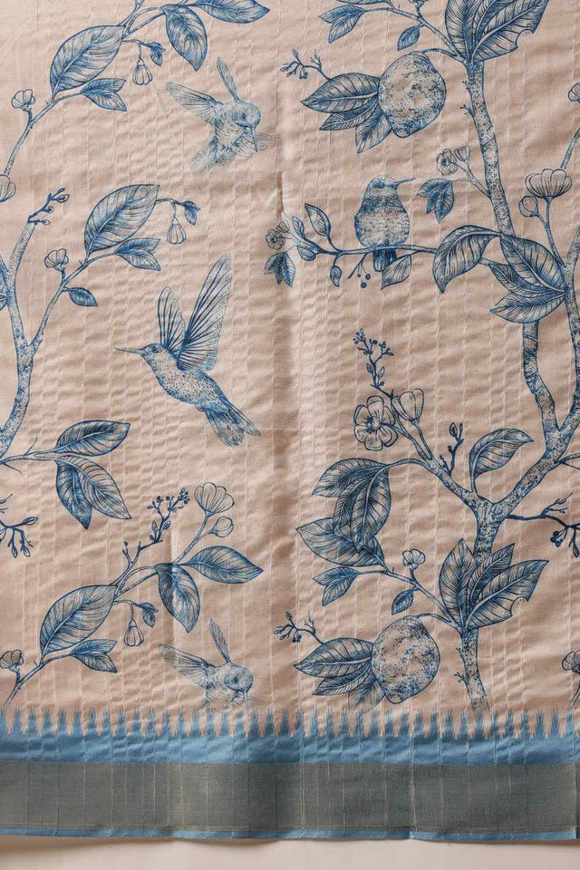 Blue Floral Printed Silk Saree
