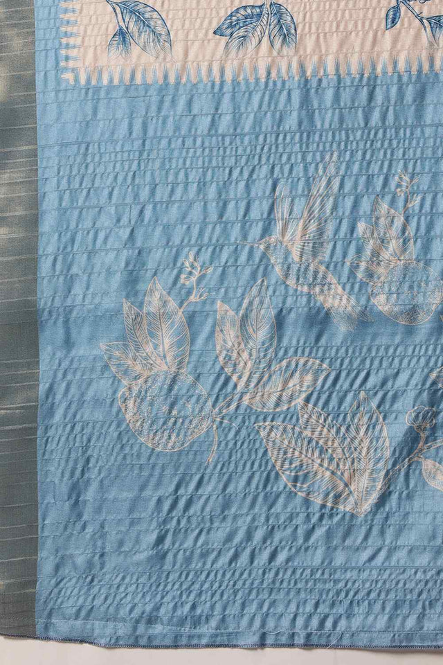 Blue Floral Printed Silk Saree
