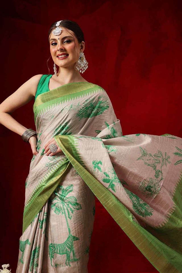 Green Floral Printed Silk Saree
