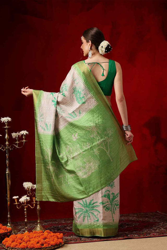 Green Floral Printed Silk Saree