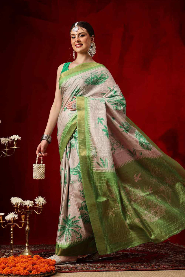 Green Floral Printed Silk Saree