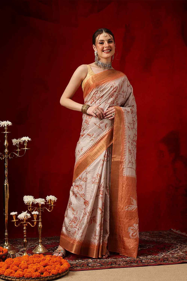 Orange Floral Printed Silk Saree