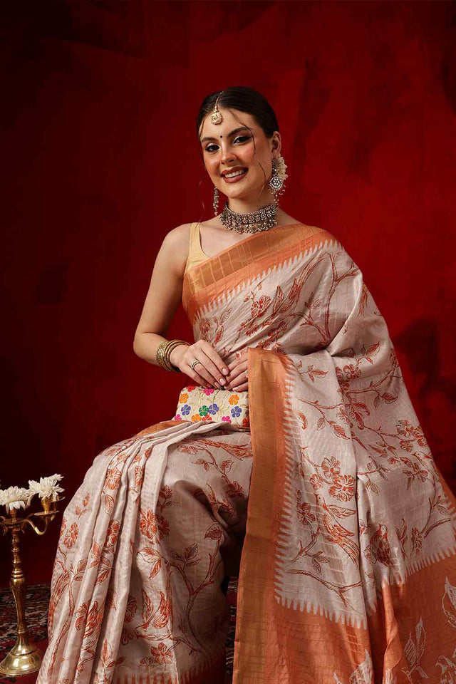 Orange Floral Printed Silk Saree