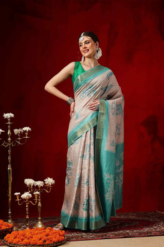 Turquoise Floral Printed Silk Saree