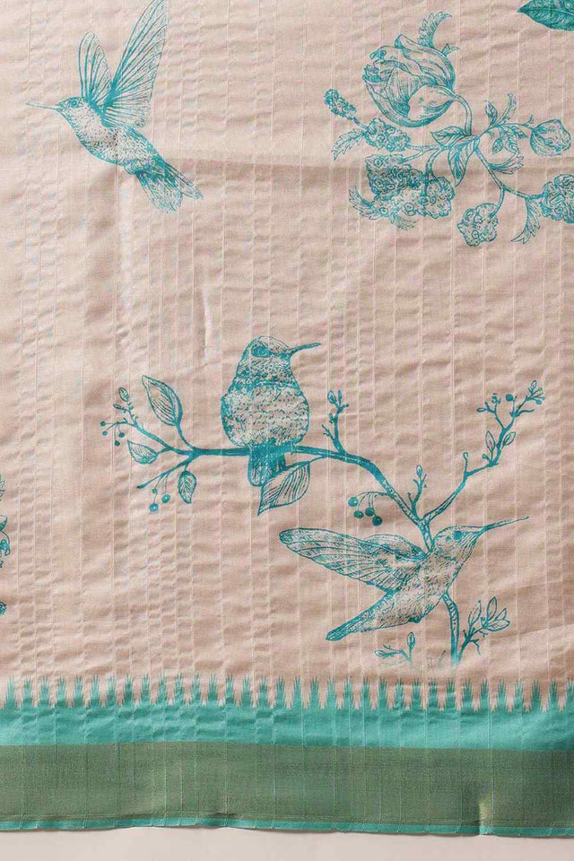 Turquoise Floral Printed Silk Saree