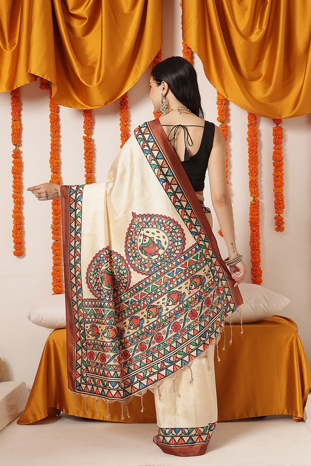 Beige Madhubani Printed Art Silk Saree (SZ-DGTANVI-3298)