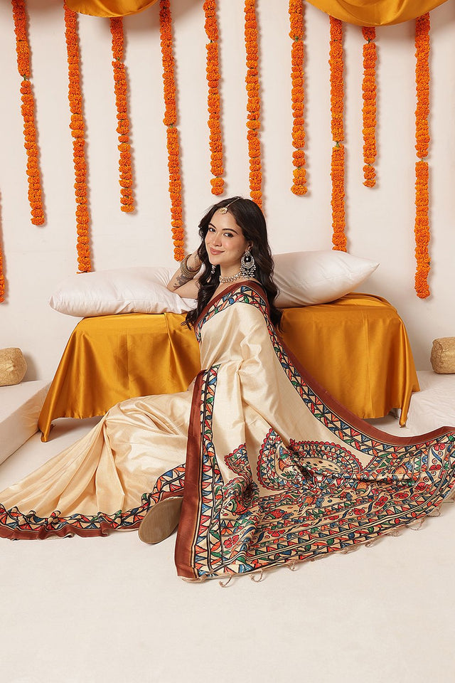 Beige Madhubani Printed Art Silk Saree (SZ-DGTANVI-3298)