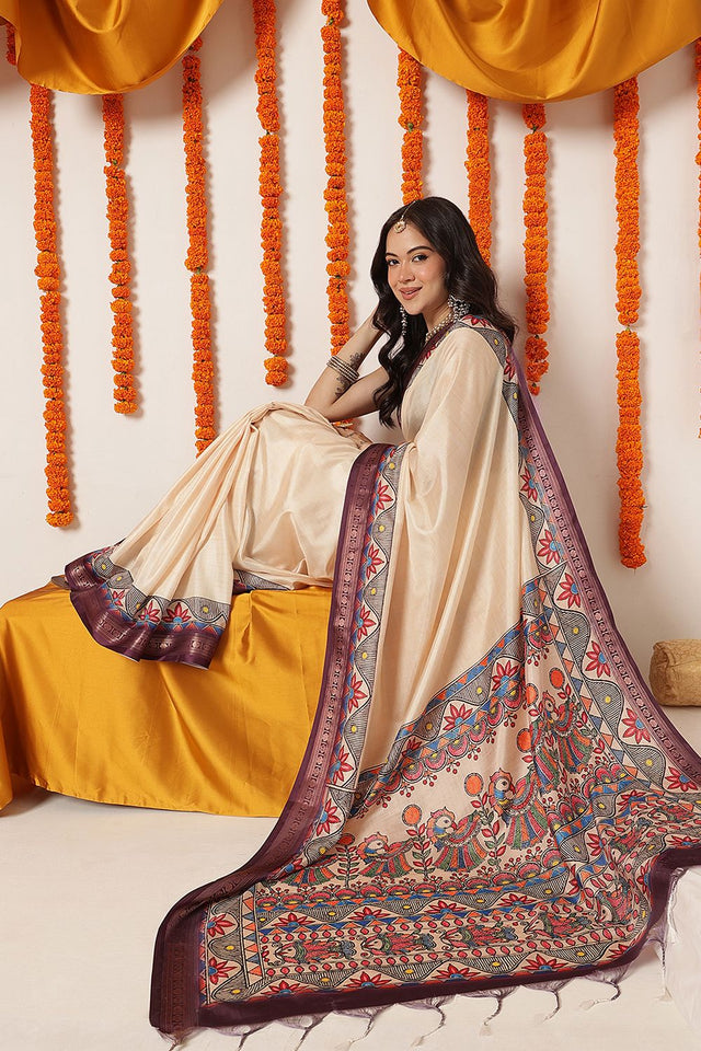 Beige Madhubani Printed Art Silk Saree (SZ-DGTANVI-3300)