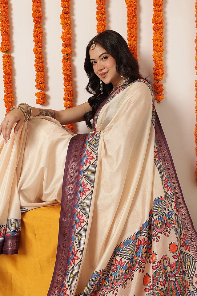 Beige Madhubani Printed Art Silk Saree (SZ-DGTANVI-3300)