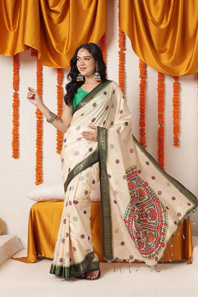 Beige Madhubani Printed Art Silk Saree (SZ-DGTANVI-3301)