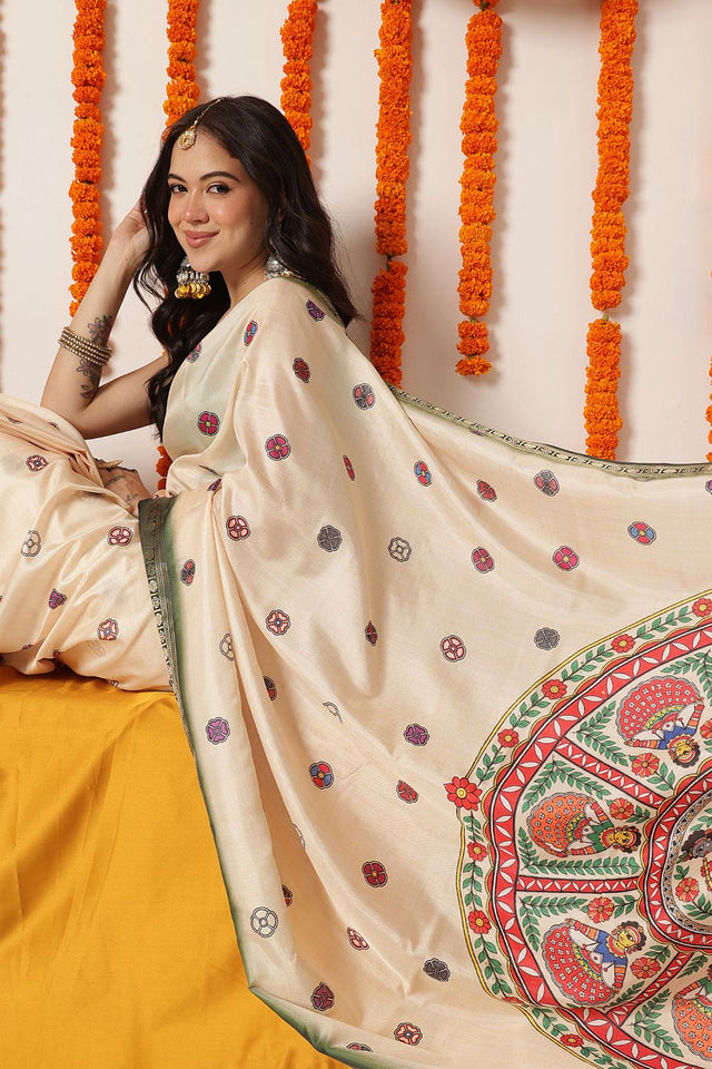 Beige Madhubani Printed Art Silk Saree (SZ-DGTANVI-3301)