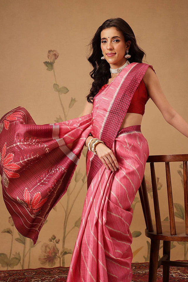 Pink Abstract Printed Silk Saree