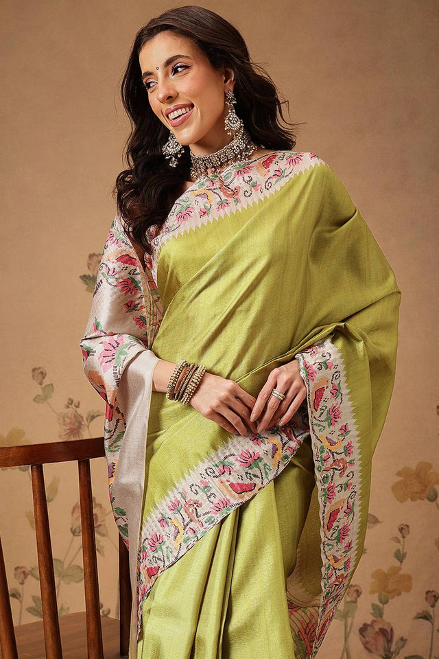 Olive Green Solid Silk Saree