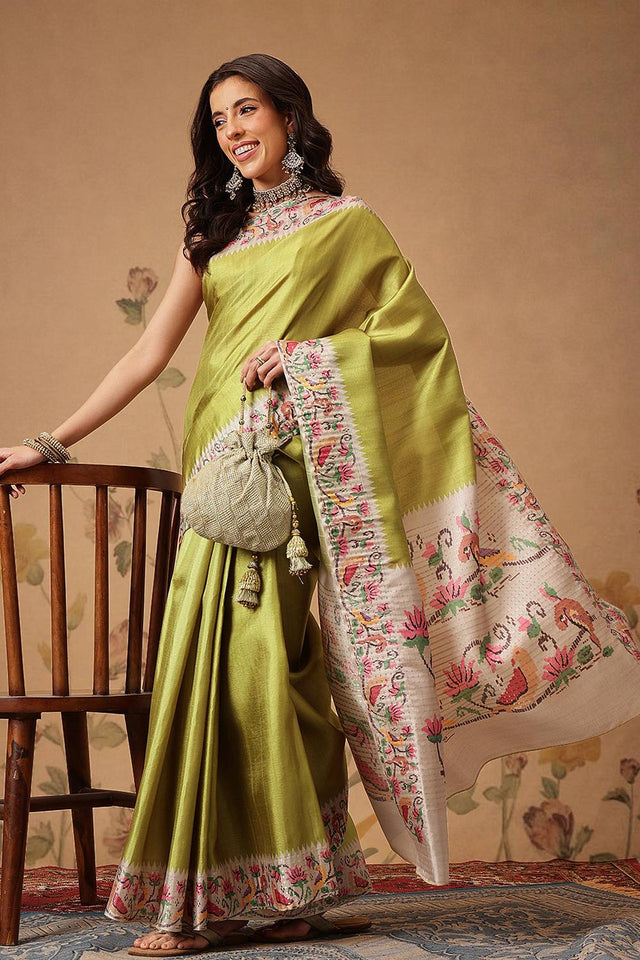 Olive Green Solid Silk Saree