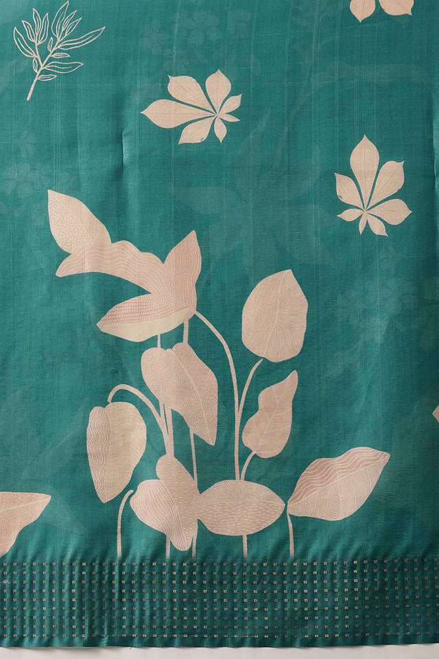 Turquoise Floral Printed Silk Saree