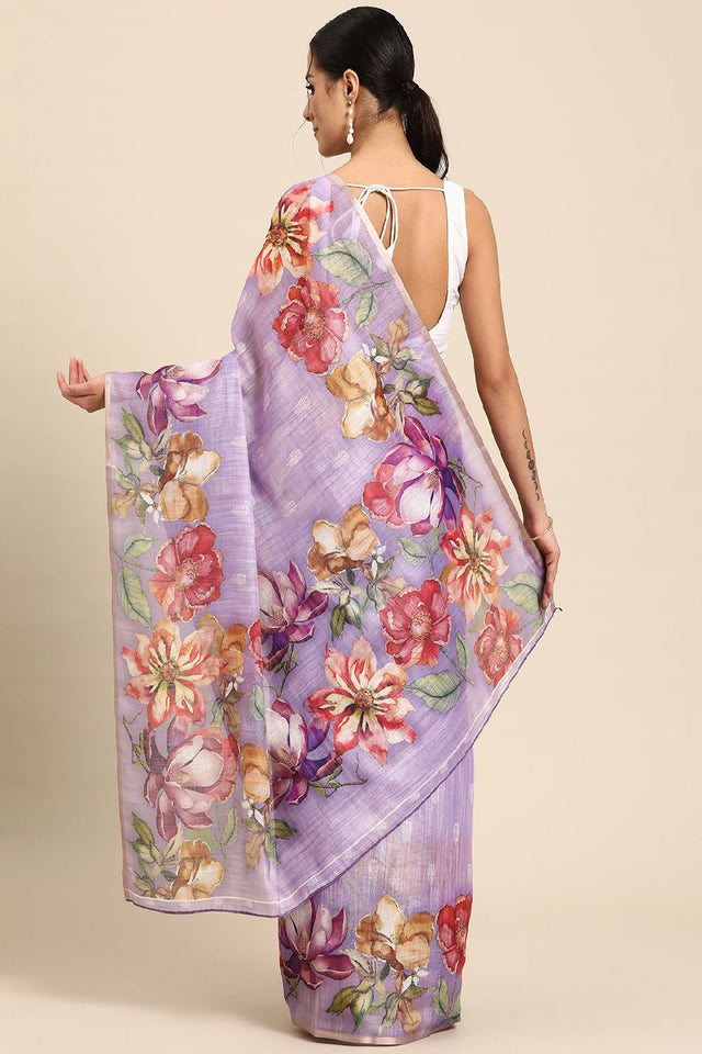 Women's Lavender Cotton Silk Digital Saree