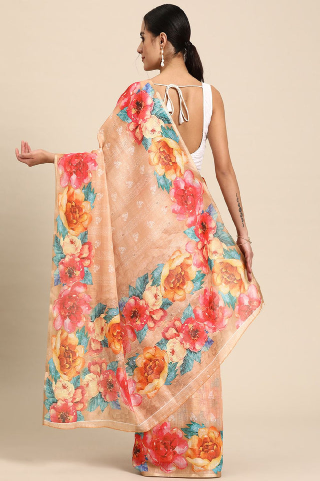 Women's Peach Cotton Silk Floral Digital Print Saree