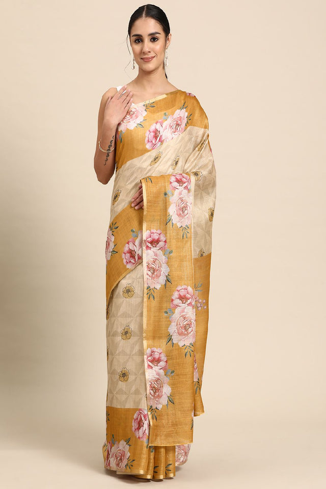 Women's Beige Cotton Silk Floral Saree