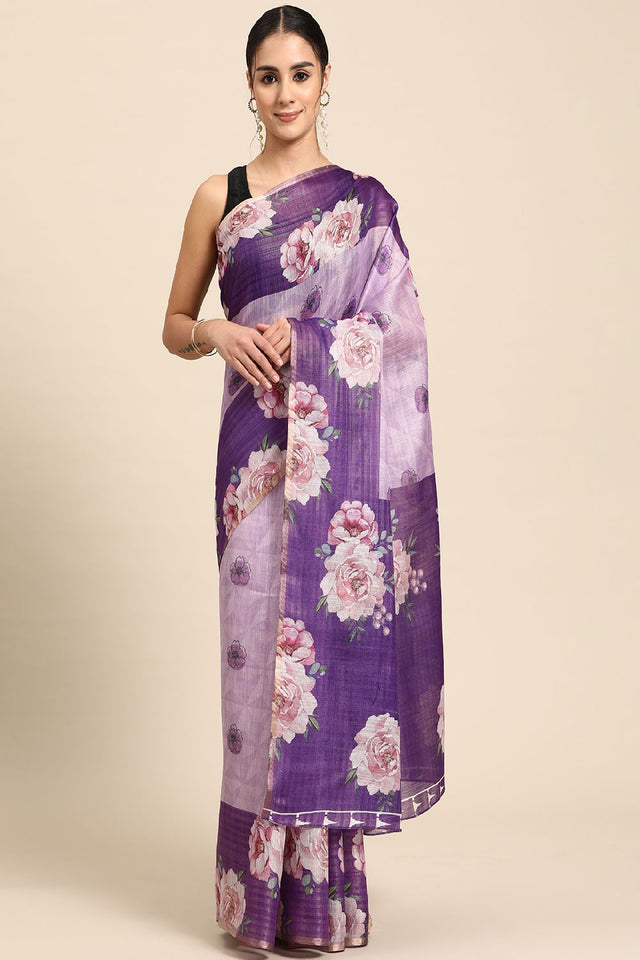 Women's Lavender Cotton Silk Floral Saree