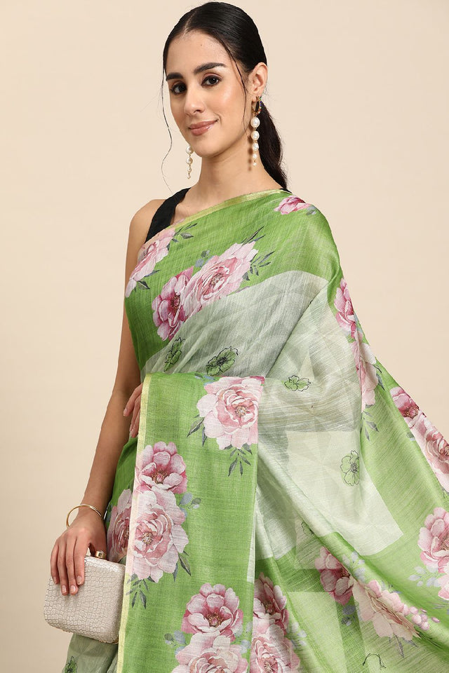 Women's Olive Cotton Silk Floral Saree (SZ-DGTRIJAL2-MH-2148)