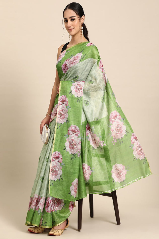 Women's Olive Cotton Silk Floral Saree (SZ-DGTRIJAL2-MH-2148)