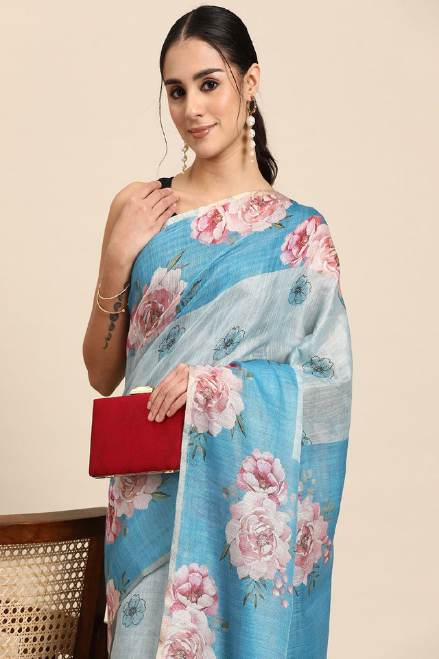 Women's Teal Cotton Silk Floral Saree