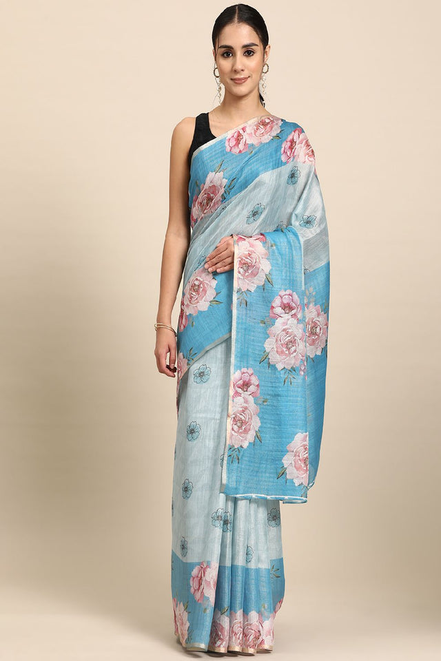 Women's Teal Cotton Silk Floral Saree